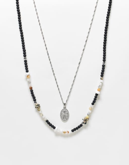 ASOS DESIGN festival 2 pack semi-precious beaded necklace with stainless steel cross coin pendant in silver and black festival 