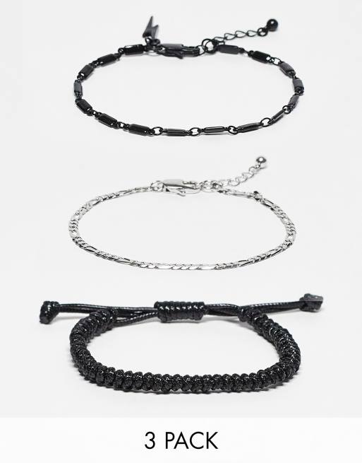 ASOS DESIGN festival 3 pack bracelets in matte black and silver chain and cord  