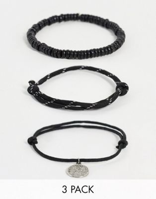 ASOS DESIGN 3 pack cord bracelet set with coin charm in matte black