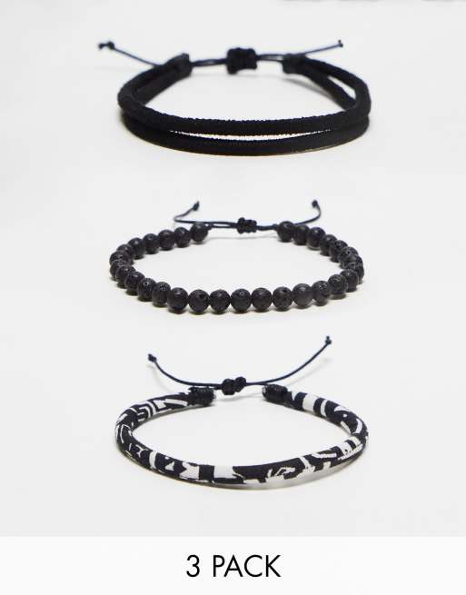ASOS DESIGN festival 3 pack cord fabric bracelets in black and white pattern print  