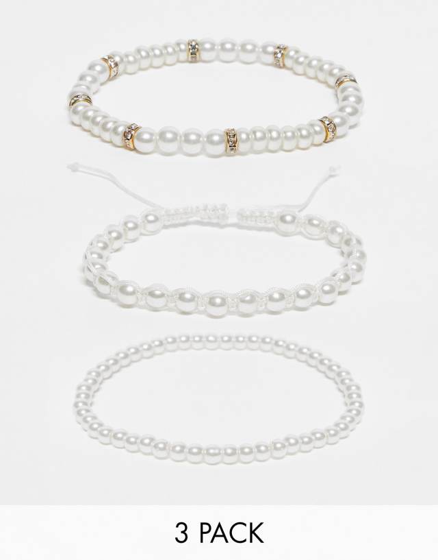 ASOS DESIGN festival 3 pack faux pearl beaded bracelet set with gold tone beads