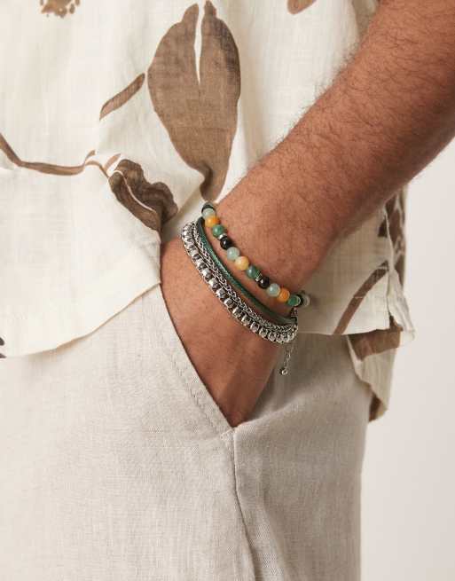 ASOS DESIGN festival 4 pack beaded bracelet with faux leather and chain in green 
