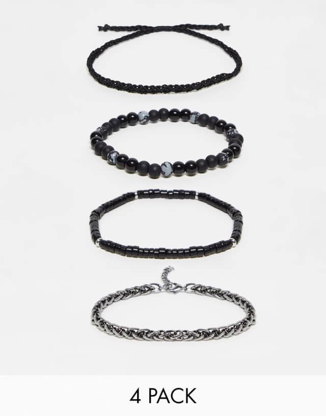 ASOS DESIGN festival 4 pack bracelet set in chain bead and cord mix in black