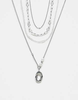 Asos Design Festival 4 Pack Pearl And Chain Mixed Necklace Set With Pendants In Silver Tone-multi