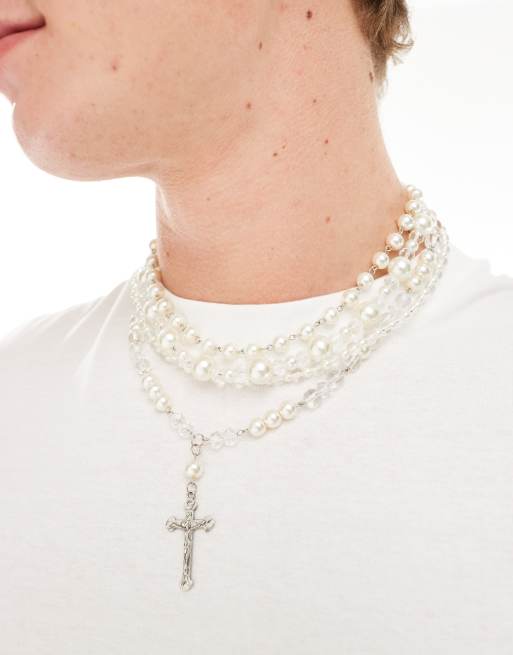 ASOS DESIGN festival 4 pack pearl necklace set with cross pendant 