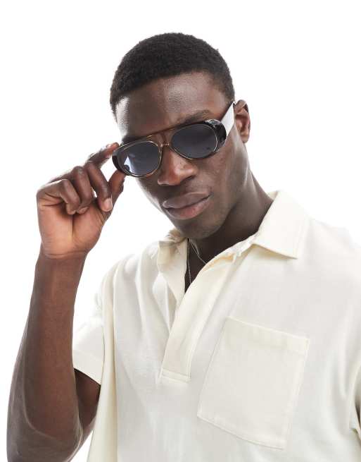 ASOS DESIGN festival aviator style sunglasses with blue lens and brown frame