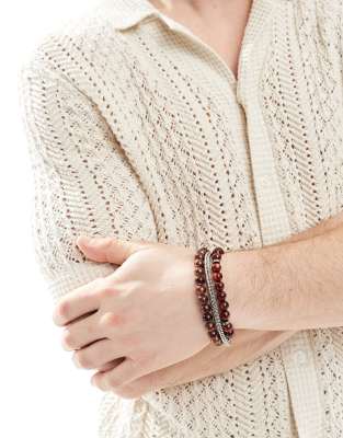 ASOS DESIGN ASOS DESIGN festival beaded and chain 3 pack bracelet set in burgundy-Red