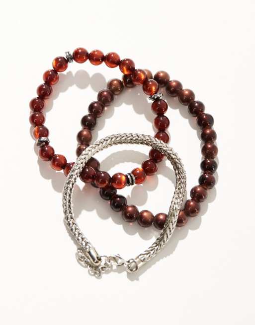 ASOS DESIGN festival beaded and chain 3 pack bracelet set in burgundy, 2 of 3