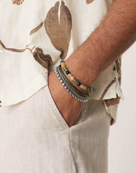 ASOS DESIGN festival beaded and faux leather 4 pack bracelet in green - view 1