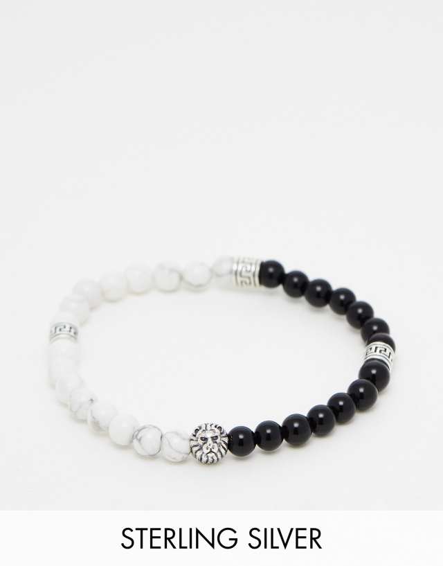 ASOS DESIGN festival beaded bracelet in monochrome semi-precious stones and sterling silver lion head beads