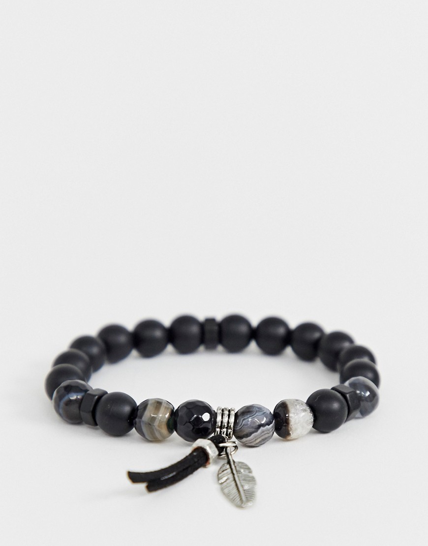 ASOS DESIGN festival beaded bracelet with agate stones and feather detail in black-Brown