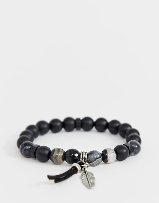 ASOS DESIGN festival beaded bracelet with agate stones and feather detail in black