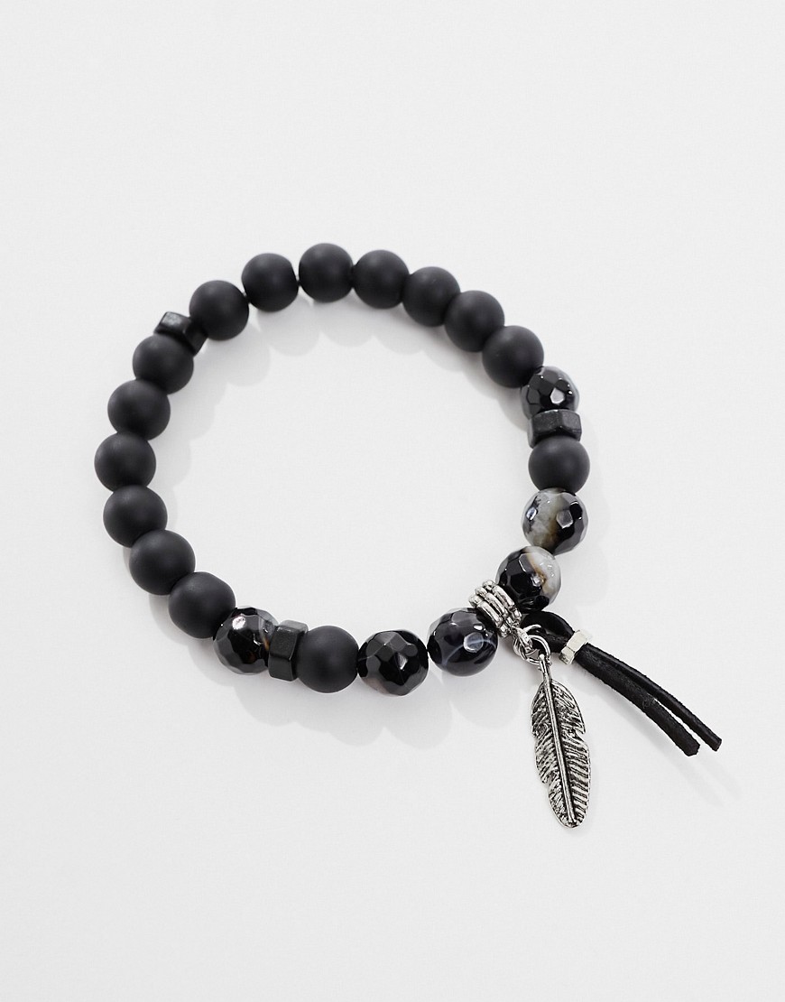 Asos Design Festival Beaded Bracelet With Agate Stones And Feather Detail In Black-brown