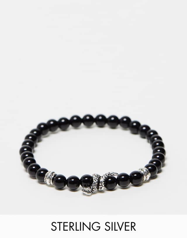 ASOS DESIGN festival beaded bracelet with semi-precious black agate and sterling silver beads