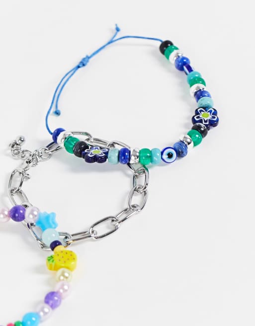 ASOS DESIGN – Festival – Blå glada armband med olika pärlor och kedjor, 4-pack, 4 av 4