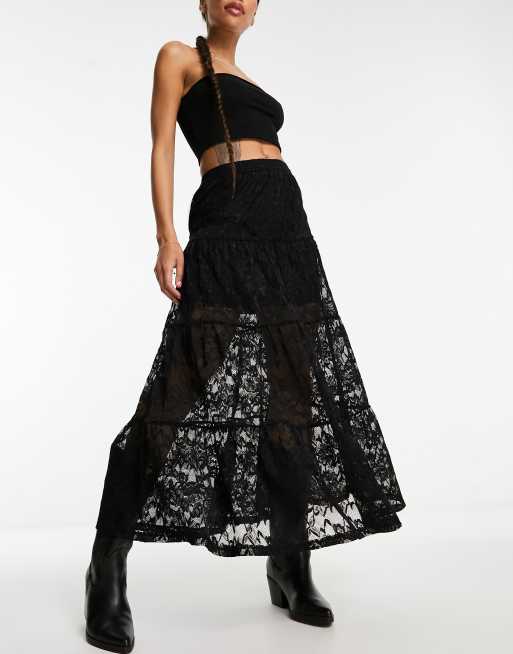 ASOS DESIGN festival boho tiered lace maxi skirt in black