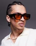 [ASOS DESIGN] ASOS DESIGN festival chunky aviator sunglasses with amber lens and black frame No Size BLACK