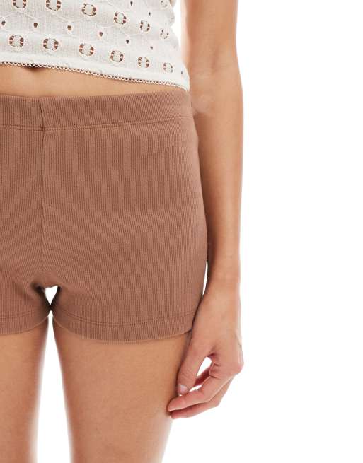 ASOS DESIGN festival compact rib knit mid rise micro shorts in brown, 3 of 5