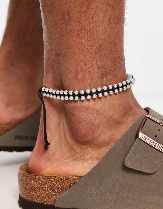 ASOS DESIGN festival cord anklet with faux pearls in black