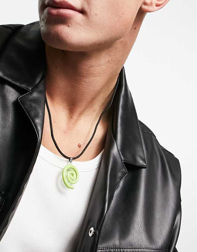 ASOS DESIGN festival cord necklace with green swirl pendant in black