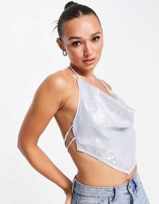 ASOS DESIGN festival cowl neck cami with tie back in blue ombre sequin  - view 1