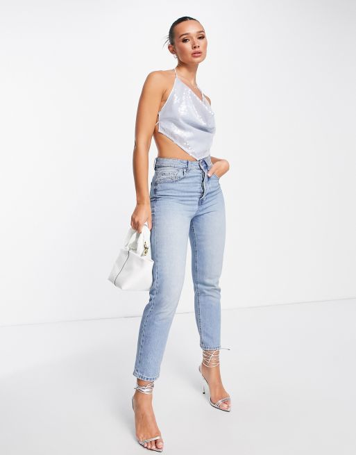 ASOS DESIGN festival cowl neck cami with tie back in blue ombre sequin , 4 of 4