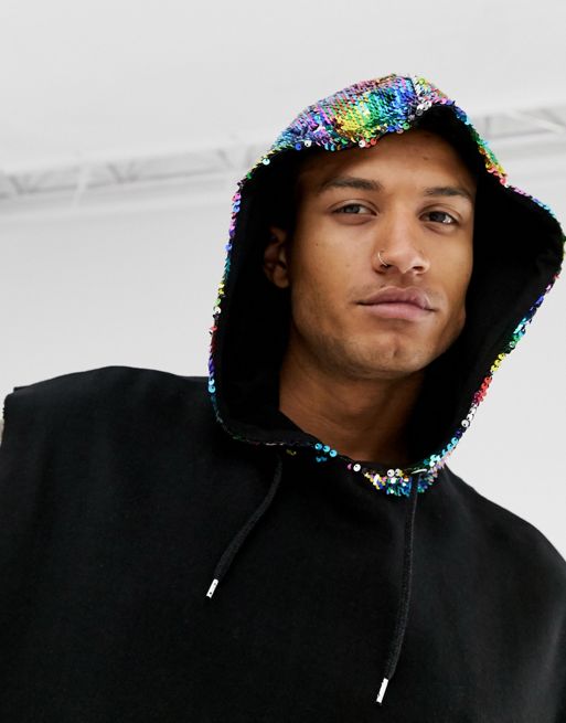 ASOS DESIGN Festival cropped sleeveless hoodie with multi coloured sequin  hood | ASOS