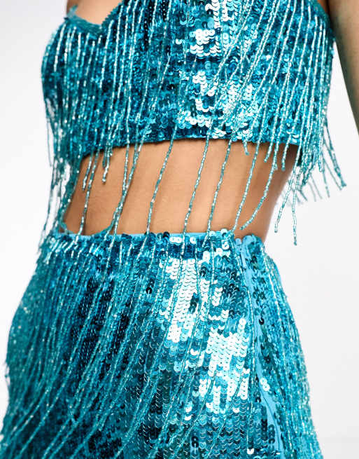 ASOS DESIGN festival embellished bra top with fringing co-ord in blue