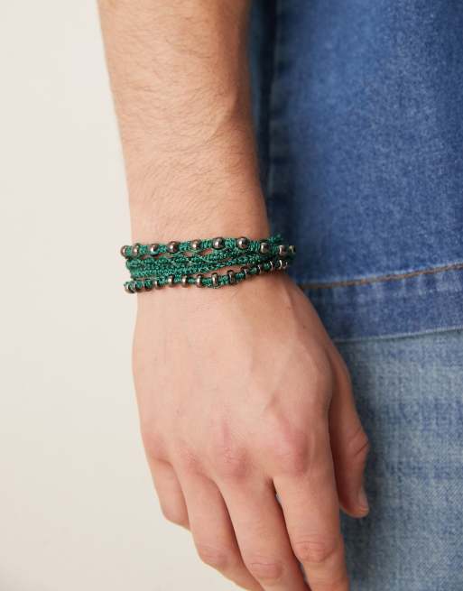 ASOS DESIGN festival fabric and metallic beads 4 pack bracelets in green, 2 of 3