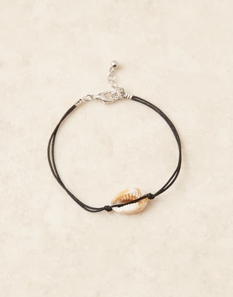 ASOS DESIGN festival faux cowrie shell multiwear cord puller bracelet in black - view 1