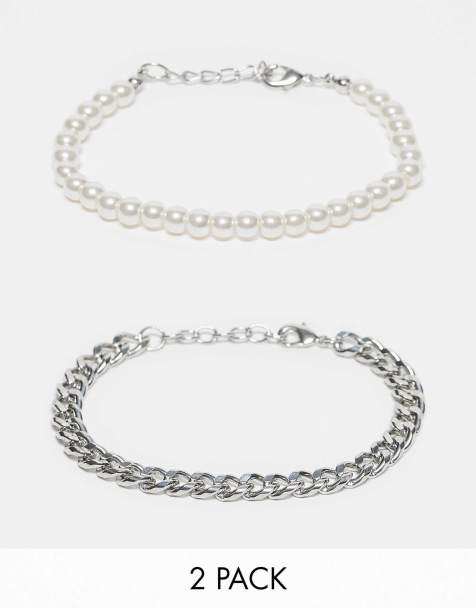 ASOS DESIGN festival faux pearl and chain 2 pack bracelet in silver - view 1