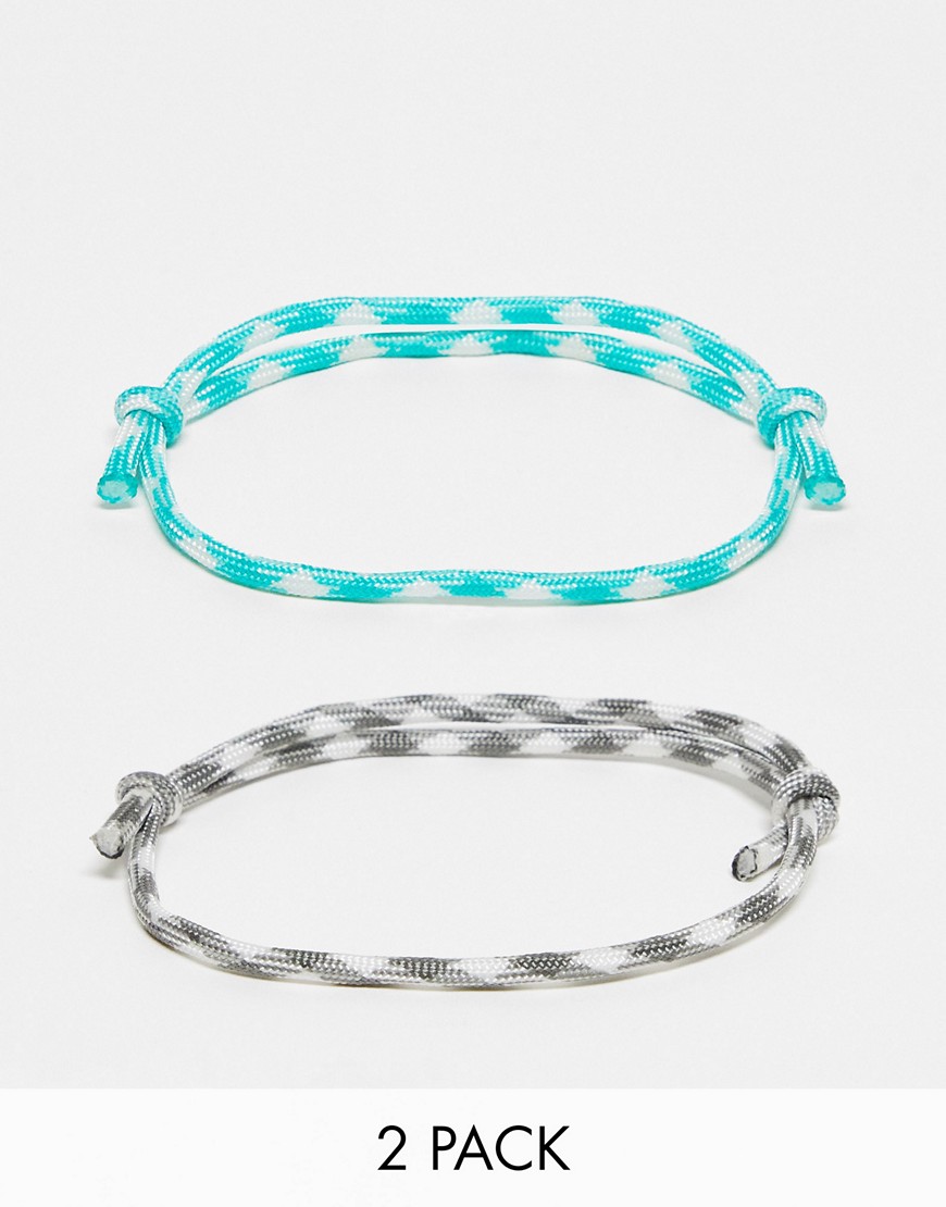 ASOS DESIGN festival festival 2 pack cord anklet set in gray and turquoise-Multi