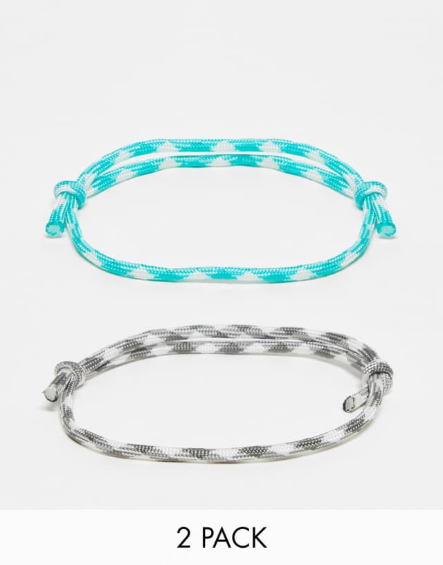 ASOS DESIGN festival festival 2 pack cord anklet set in gray and turquoise