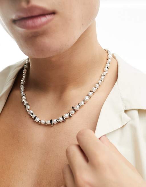 ASOS DESIGN festival glass faux pearl necklace with spacers  