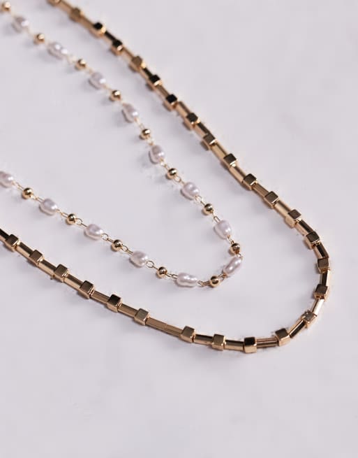 ASOS DESIGN – Festival – Guldfärgat halsband med pärlor och kedja, 2-pack , 3 av 3