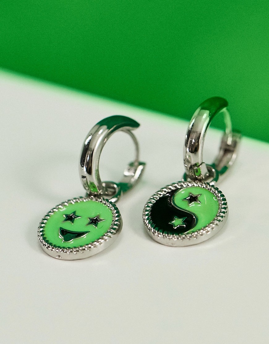 ASOS DESIGN festival hoop earrings with yin yang design in bright green