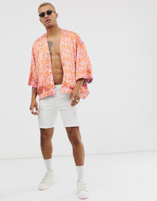 Asos Design Festival Kimono Reversible A Motif Colore Orange Homme