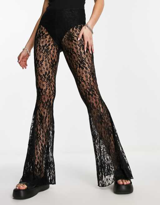 Black Sheer Lace High Waist Flared Trousers