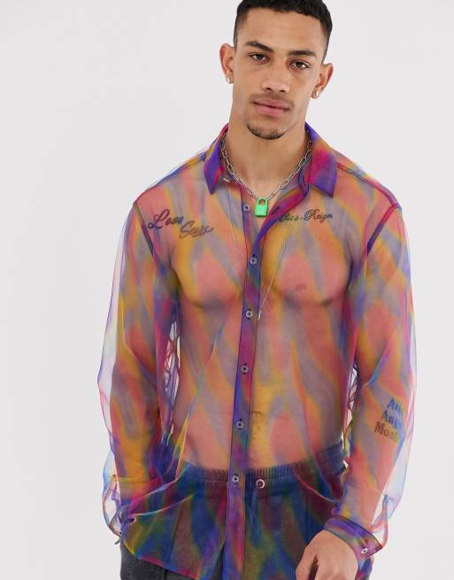 ASOS DESIGN festival long sleeve sheer shirt in rainbow print