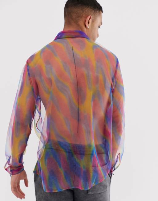 ASOS DESIGN festival long sleeve sheer shirt in rainbow print | ASOS