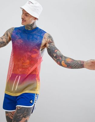 ASOS DESIGN – Festival longline ärmlös t-shirt i mesh med ljus ombre batikmönster-Flerfärgad