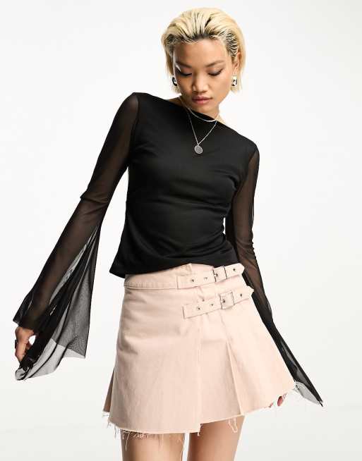 ASOS DESIGN festival mesh top with angel sleeves in black