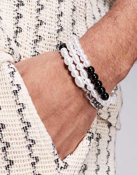 ASOS DESIGN festival mixed chain and beaded 3 pack bracelet in silver - view 1