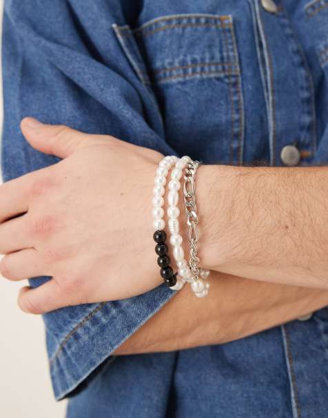 ASOS DESIGN festival mixed chain and beaded 3 pack bracelets in silver tone - view 1
