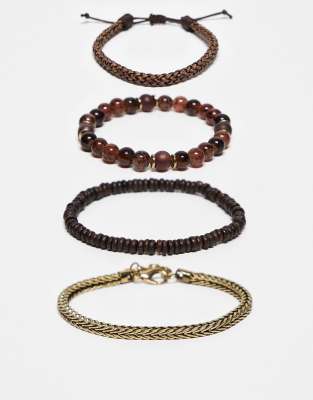 Asos Design Festival Mixed Fabric Bead And Chain 4 Pack Bracelet In Silver