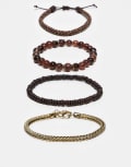 [ASOS DESIGN] ASOS DESIGN festival mixed fabric bead and chain 4 pack bracelet in multi-Silver No Size SILVER