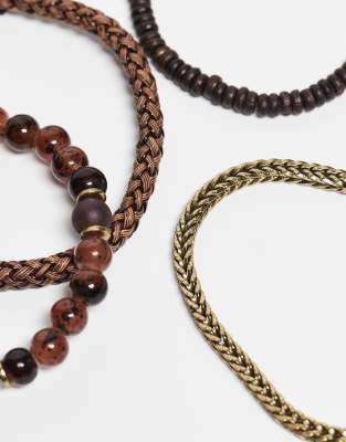 Asos Design Festival Mixed Fabric Bead And Chain 4 Pack Bracelet In Silver