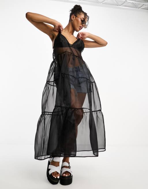 ASOS DESIGN festival organza tiered midi dress in black