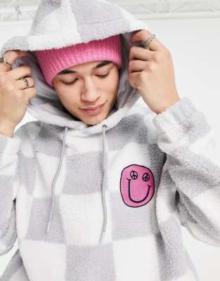 ASOS DESIGN - Festival - Oversized hoodie van borg met dambordmotief in grijs en wit