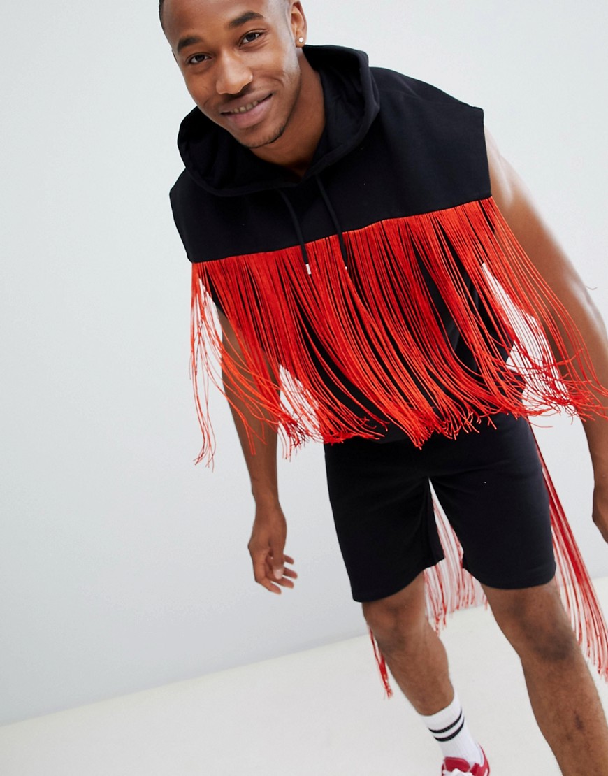 ASOS DESIGN festival oversized sleeveless hoodie with orange fringing-Black
